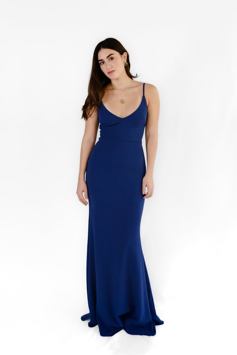 Woman wearing a navy blue sleeveless floor-length dress with a V-neckline against a white background